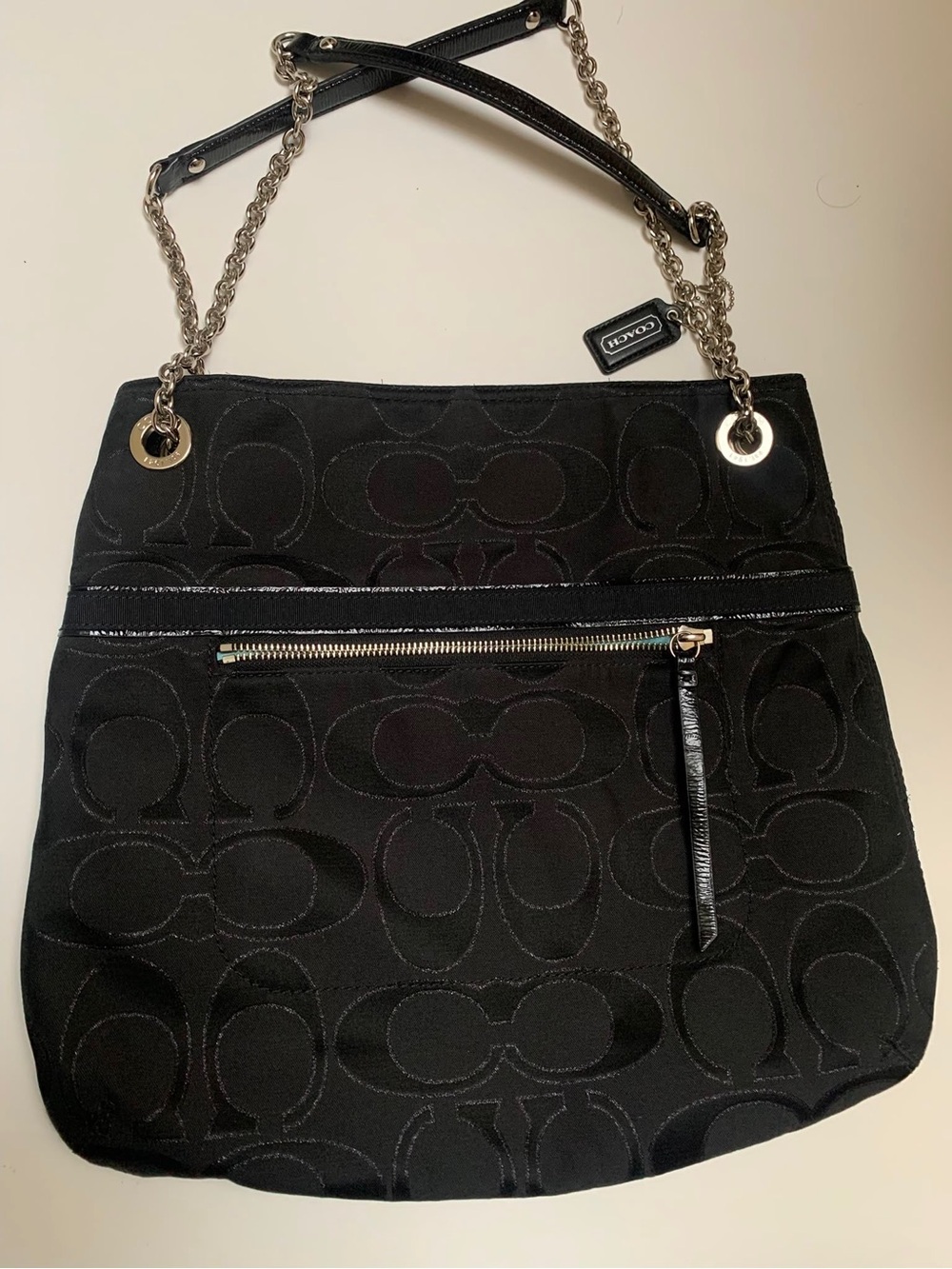 Vintage Like New Coach Fabric Logo and Leather Trim Chain Strap Shoulder Bag